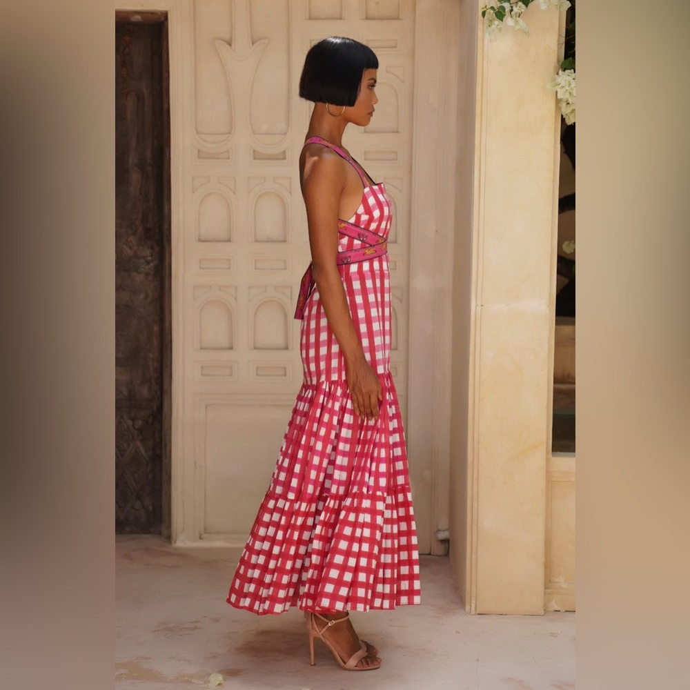 NWT Mo Maya Runa Gingham Check and Leopard Strap Print Maxi Dress Sz XS - Picture 7 of 16